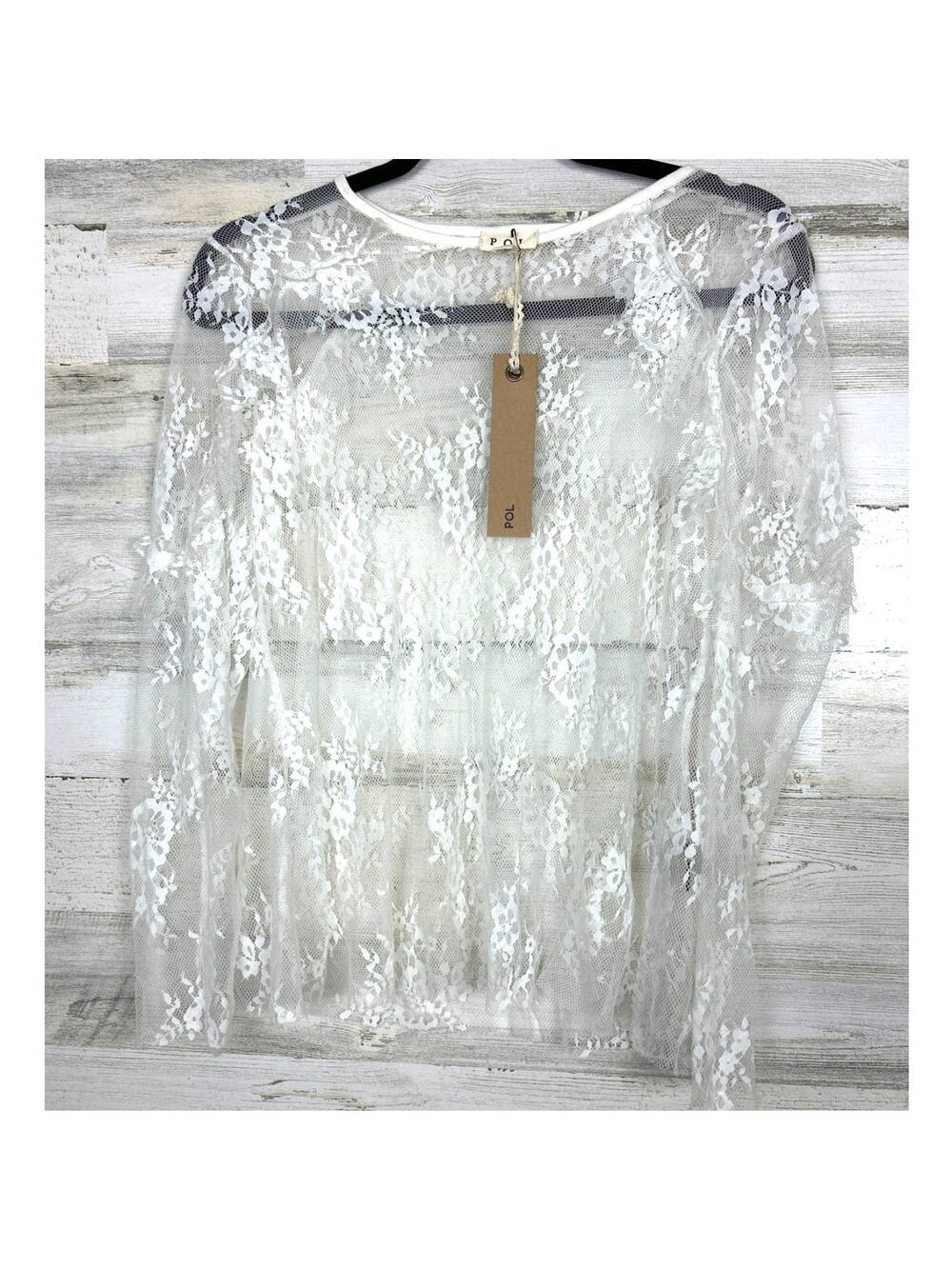 POL Womens S White Lace Long-Sleeve Sheer Lightweight Blouse Top Boho Layer NEW